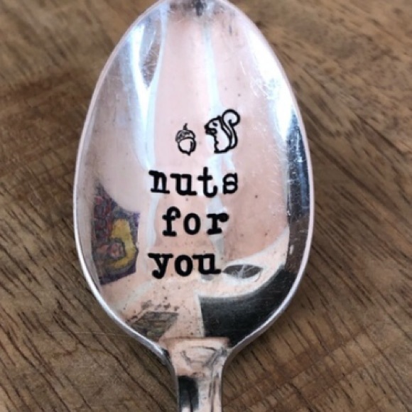 Other - Hand-stamped silver plated vintage spoon saying “nuts for you” with 🐿️ & acorn